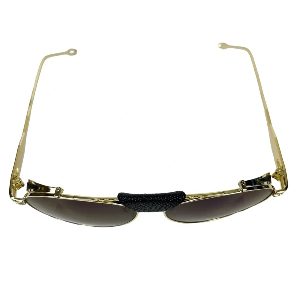 AVIATOR Gold Metal Frame Blue Purple Lense Faux Leather Black Trim Sunglasses - Picture 6 of 15